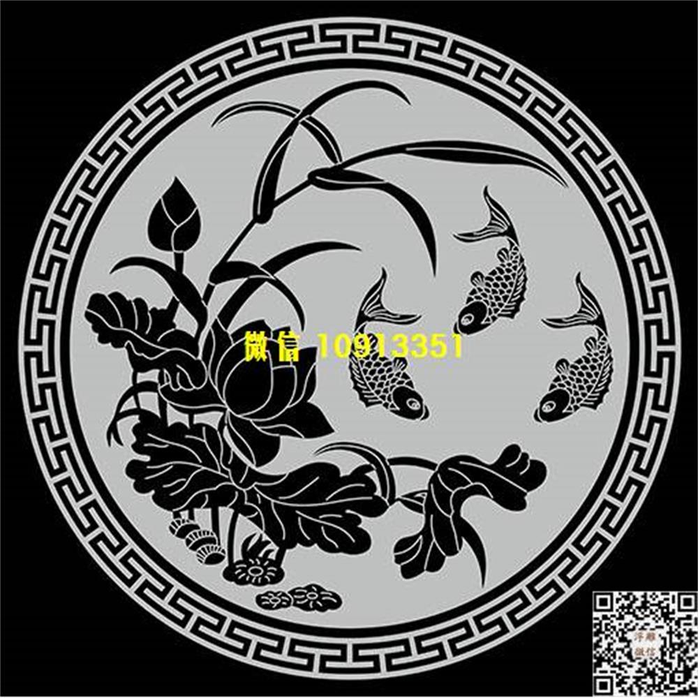 精雕图191荷花鱼圆形回纹墓碑板精雕图线雕图线条图单线铣底图_电脑雕刻plt文泰矢量图精雕图浮雕图